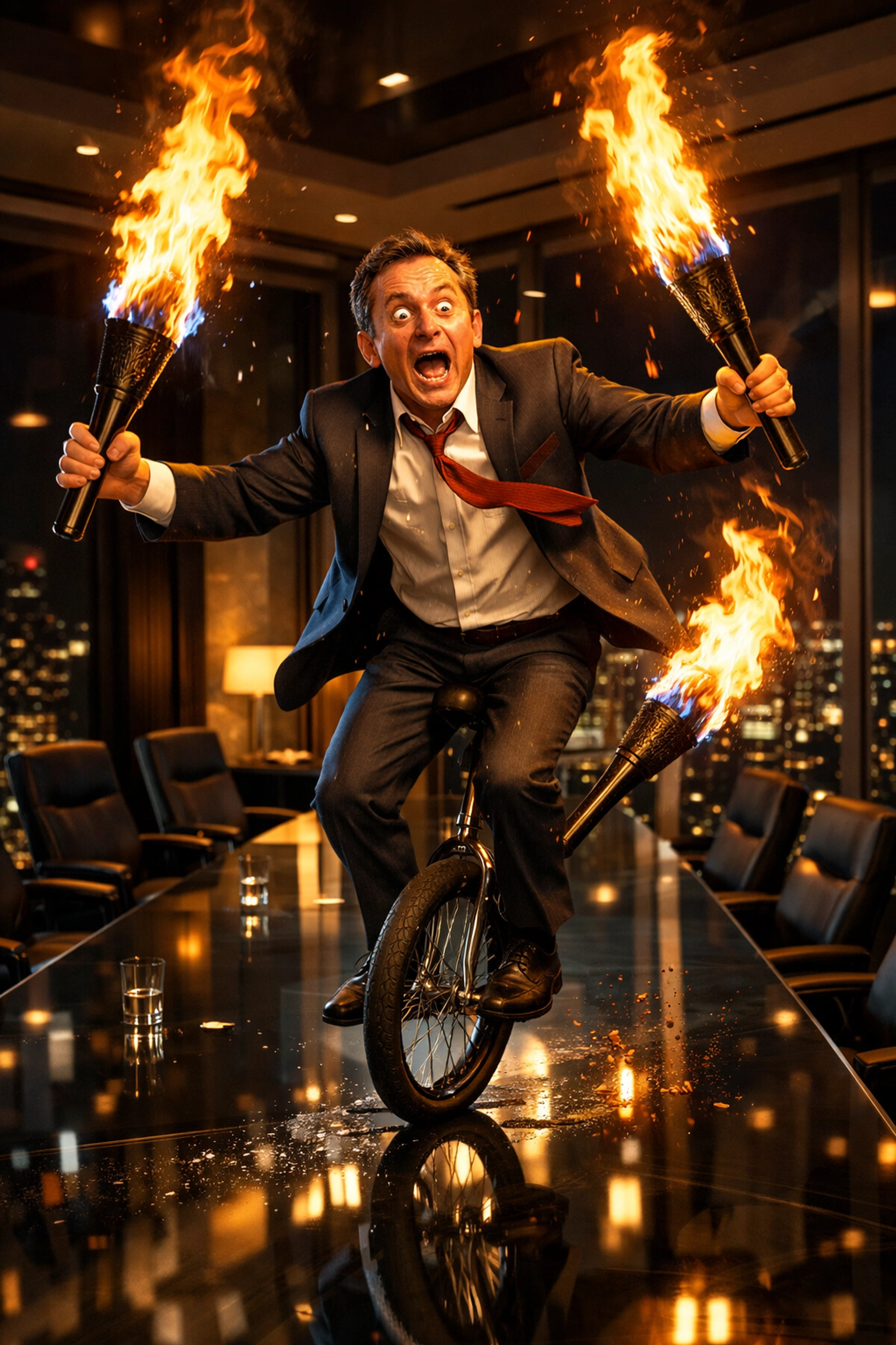 Overwhelmed franchise CEO on a unicycle juggling flaming torches in a boardroom setting.