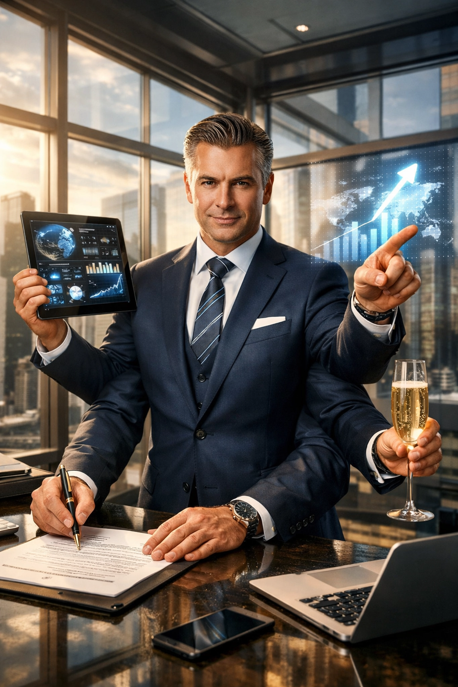 Multi-armed professional in a high-tech office, representing the power of expert fractional franchise development.