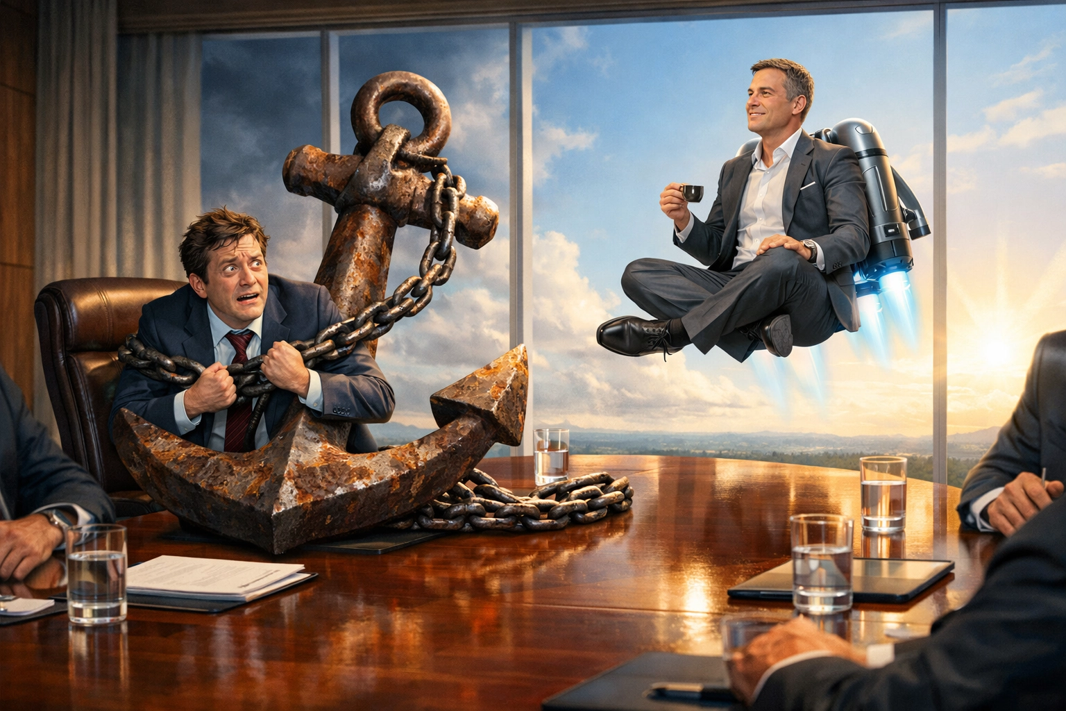 Executive with a jetpack escaping a heavy anchor, illustrating the freedom of month-to-month franchise development.