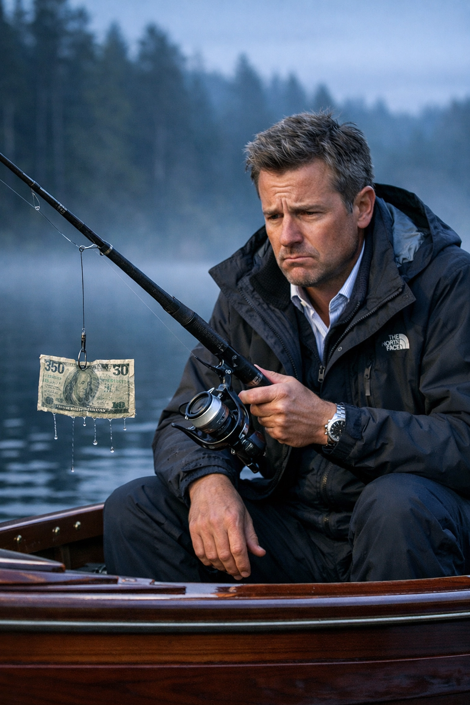 CEO in a luxury bathroom using 0 bills to fish with looking for franchise owners.