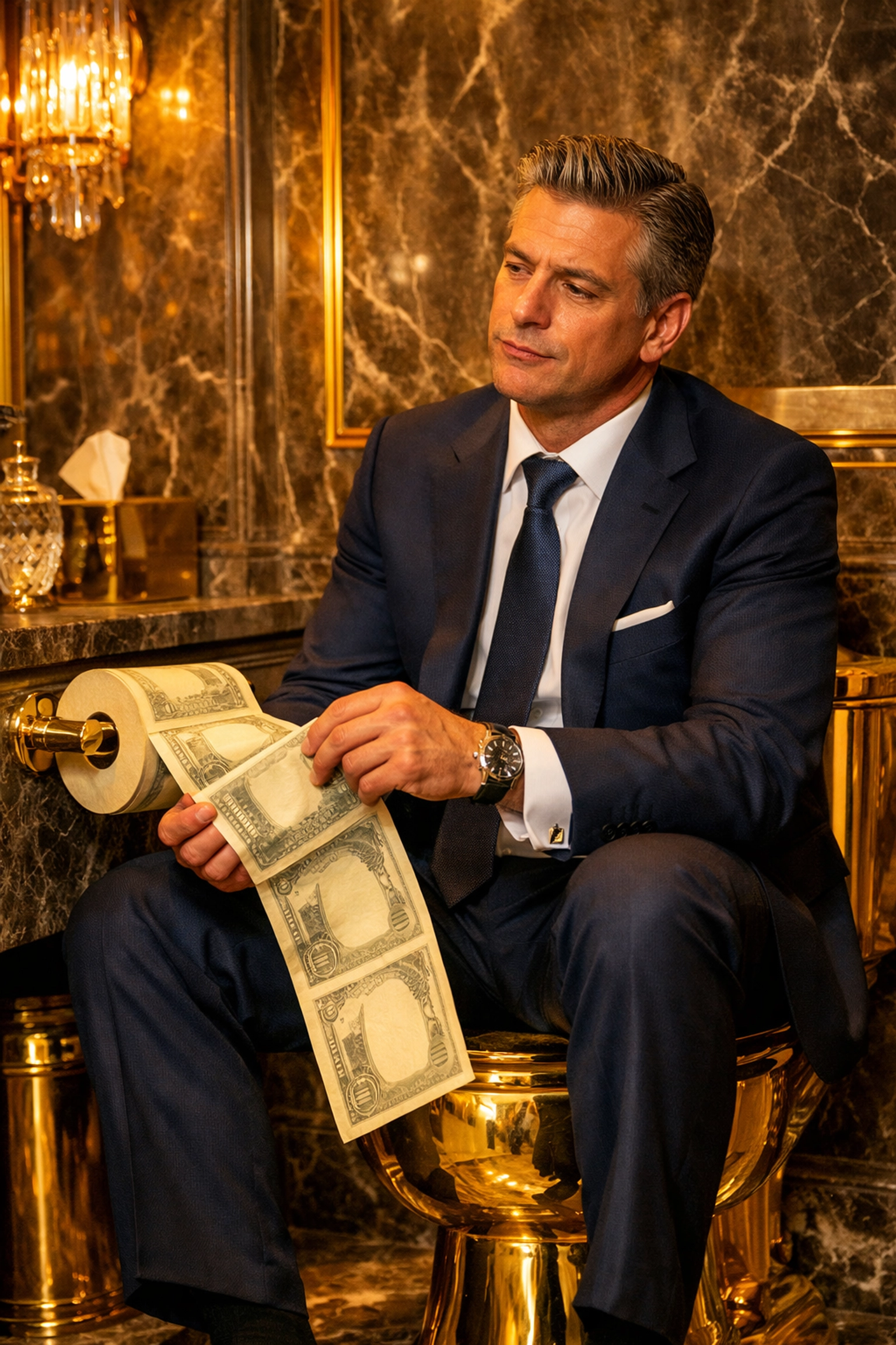 CEO in a luxury bathroom using 0 bills as toilet paper, showing wasted franchise sales organization spend.