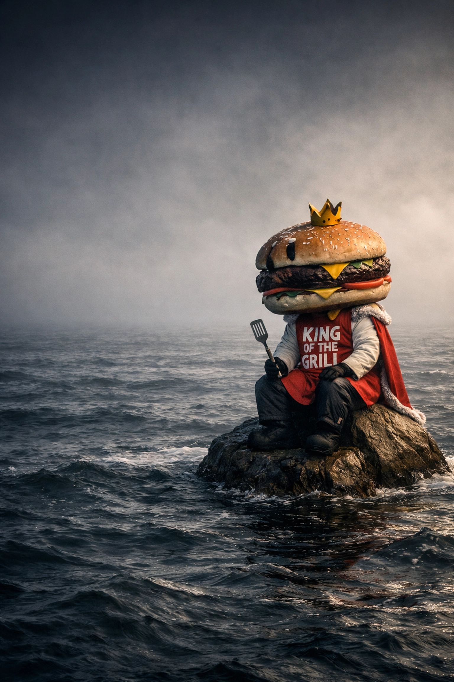 A burger mascot king isolated in a vast ocean, symbolizing a local franchise brand lost in a new market.
