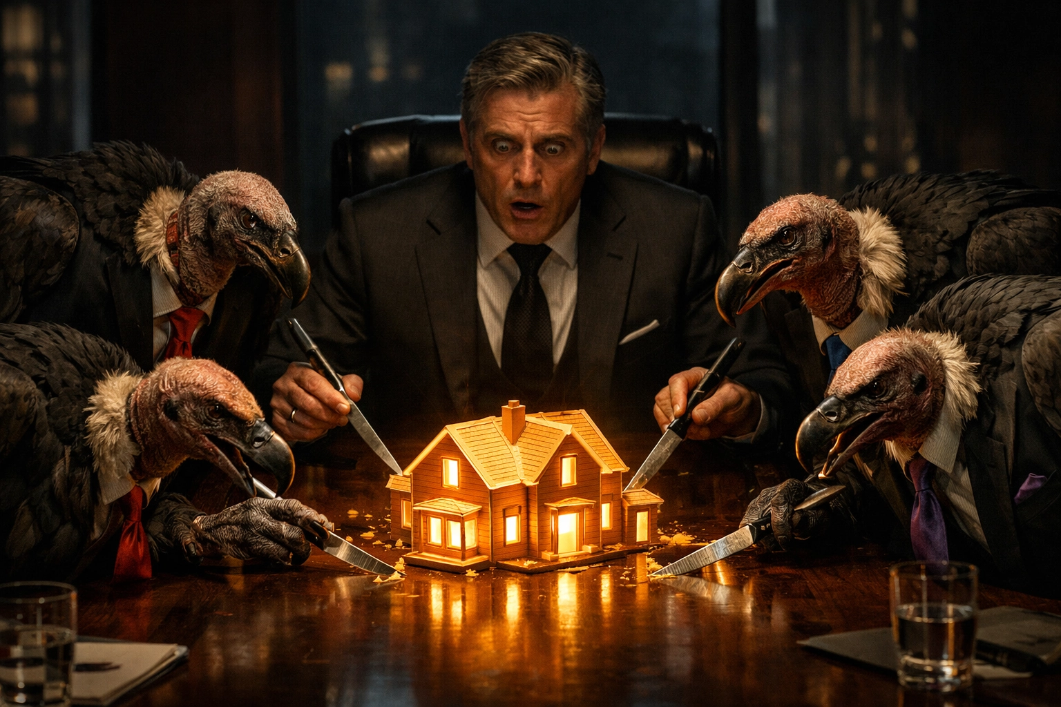 CEO in a boardroom with vultures carving a brand model, illustrating the franchise equity trap.