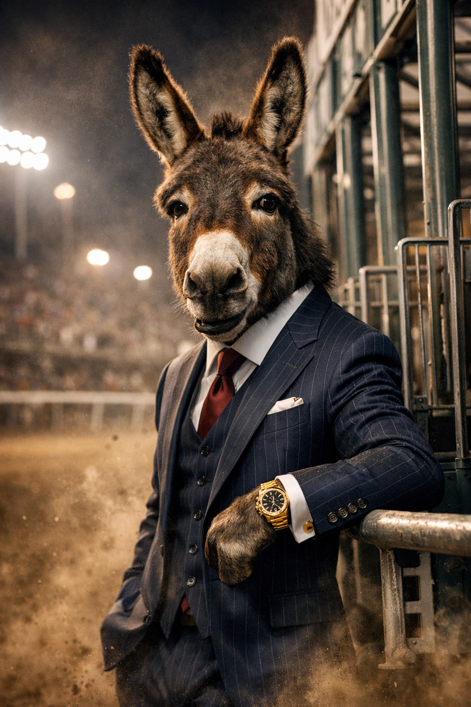 A donkey in a business suit at a racetrack, symbolizing the mistake of hiring junior franchise sales talent.