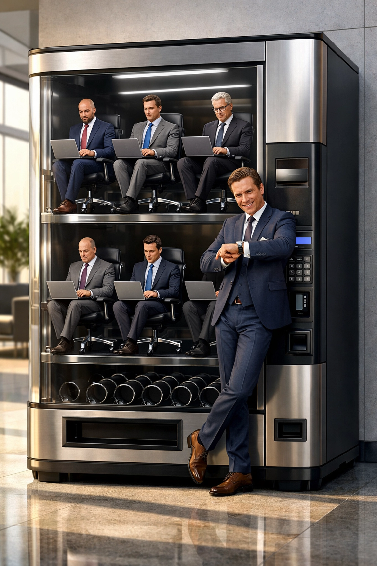 On-demand VP of Sales executives in a vending machine illustrating the flexibility of a fractional franchise sales organization.