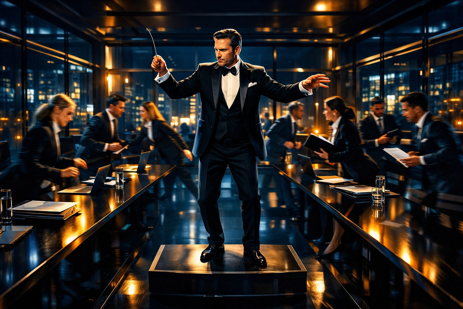 Elite franchise sales organization team synchronized for fractional franchise development in a boardroom.