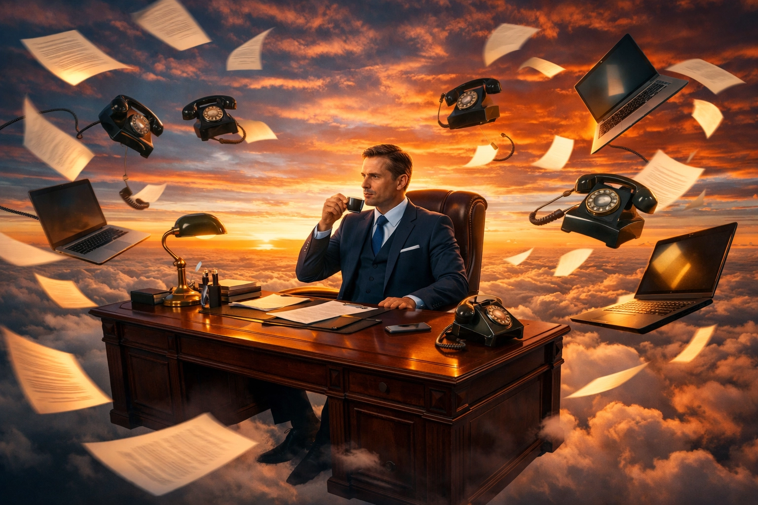 Professional executive managing a franchise sales organization amidst a whirlwind of growth and documentation.