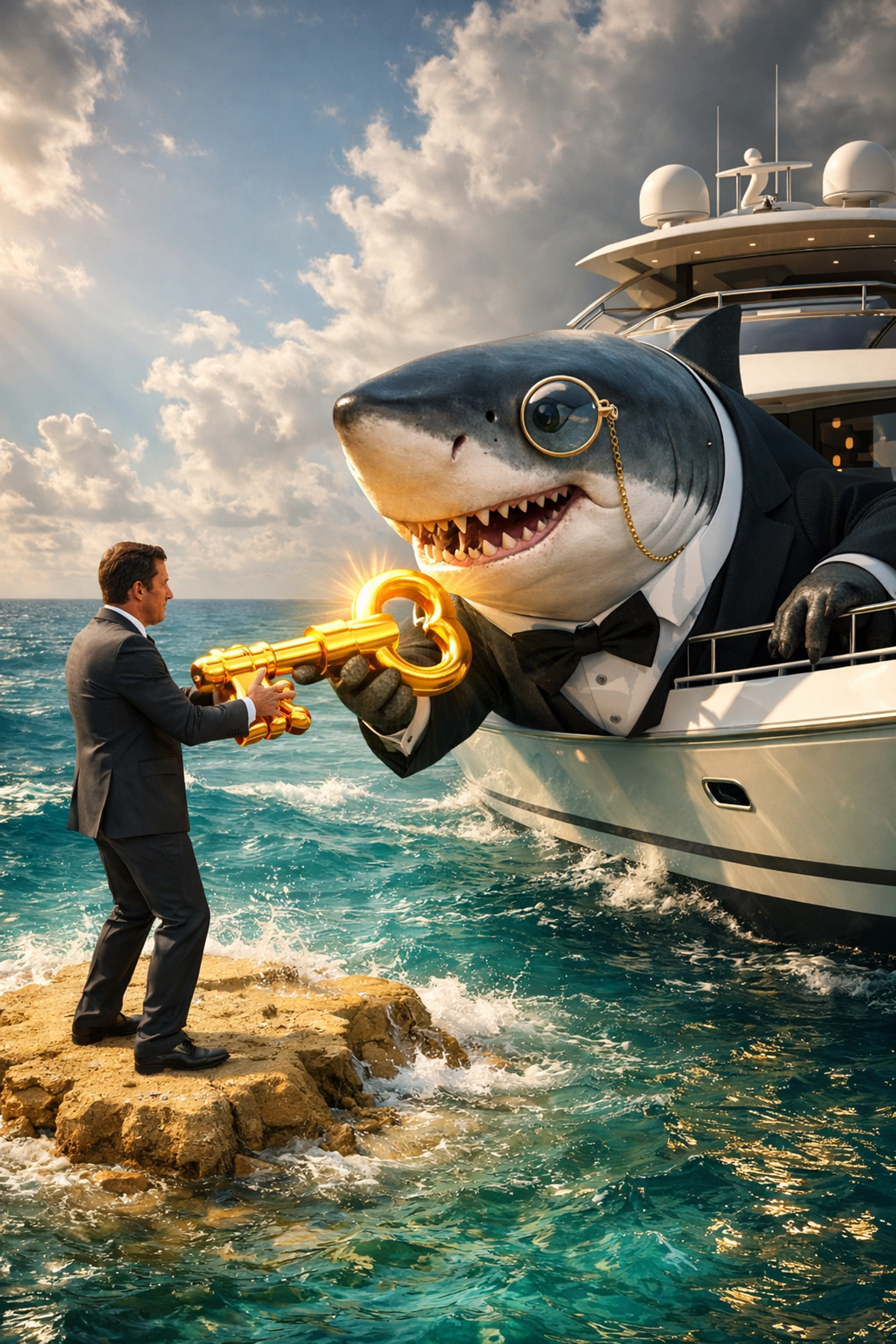 A CEO on a tiny sandbar handing a golden key to a shark, illustrating the dangers of giving away brand equity to scale.