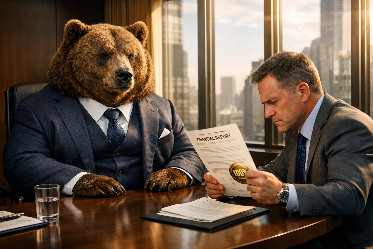 Executive interviewing a bear in a suit, symbolizing the need for a franchise sales organization to find cultural fits.