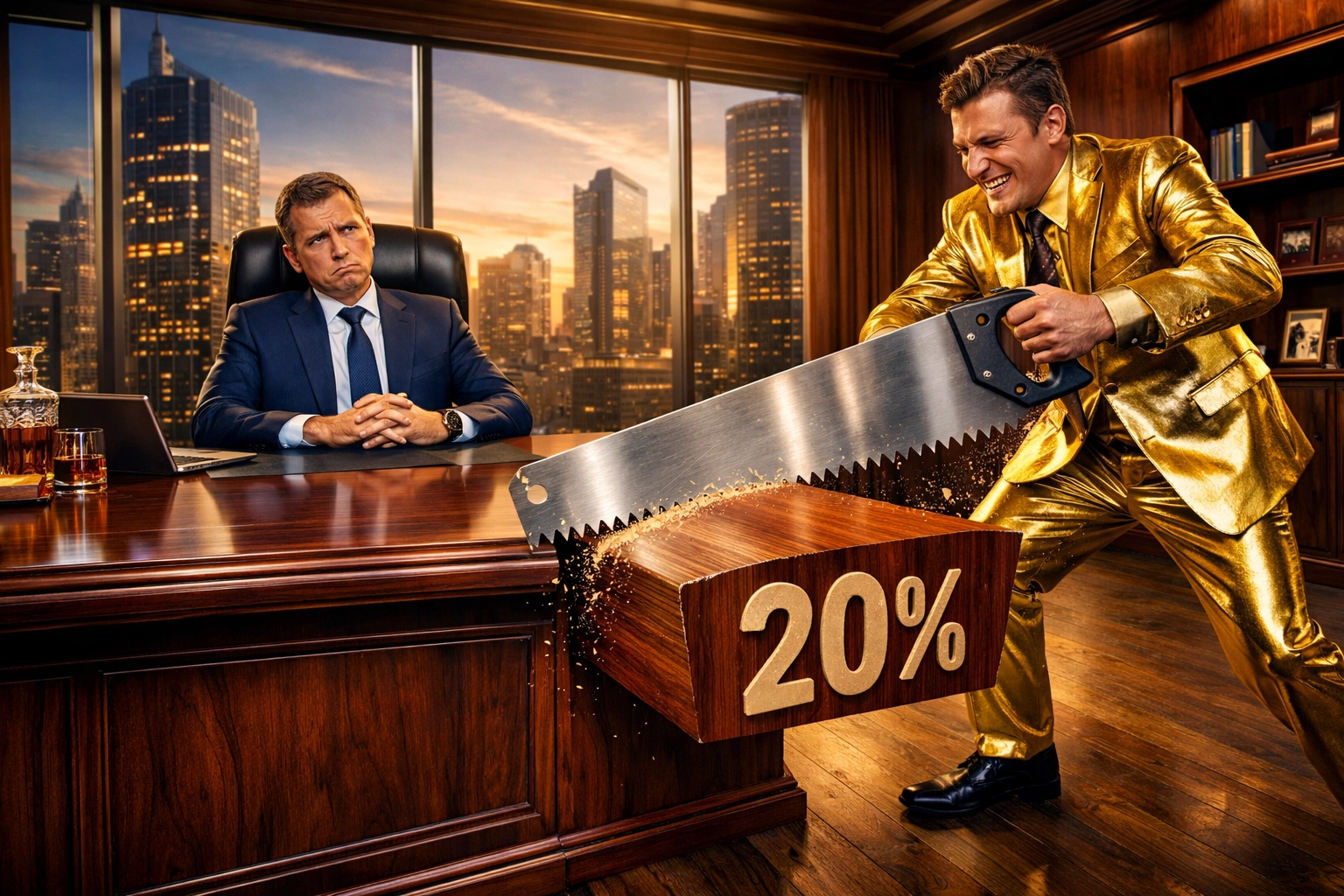 Salesperson sawing a chunk off a CEO's desk representing the loss of equity in a franchise sales organization.