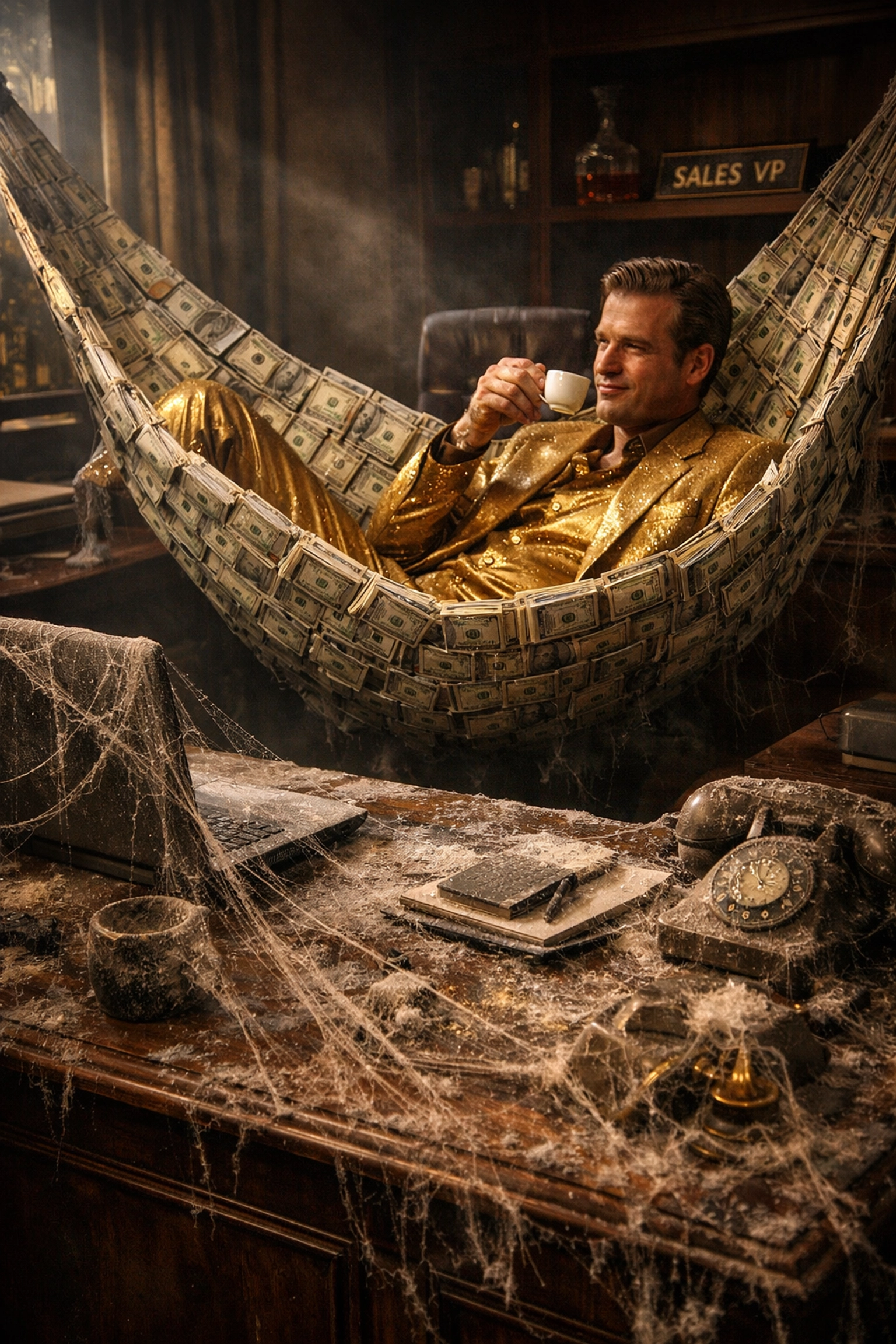 An executive in a money hammock in a dusty office, representing the high overhead of an inactive franchise sales VP.