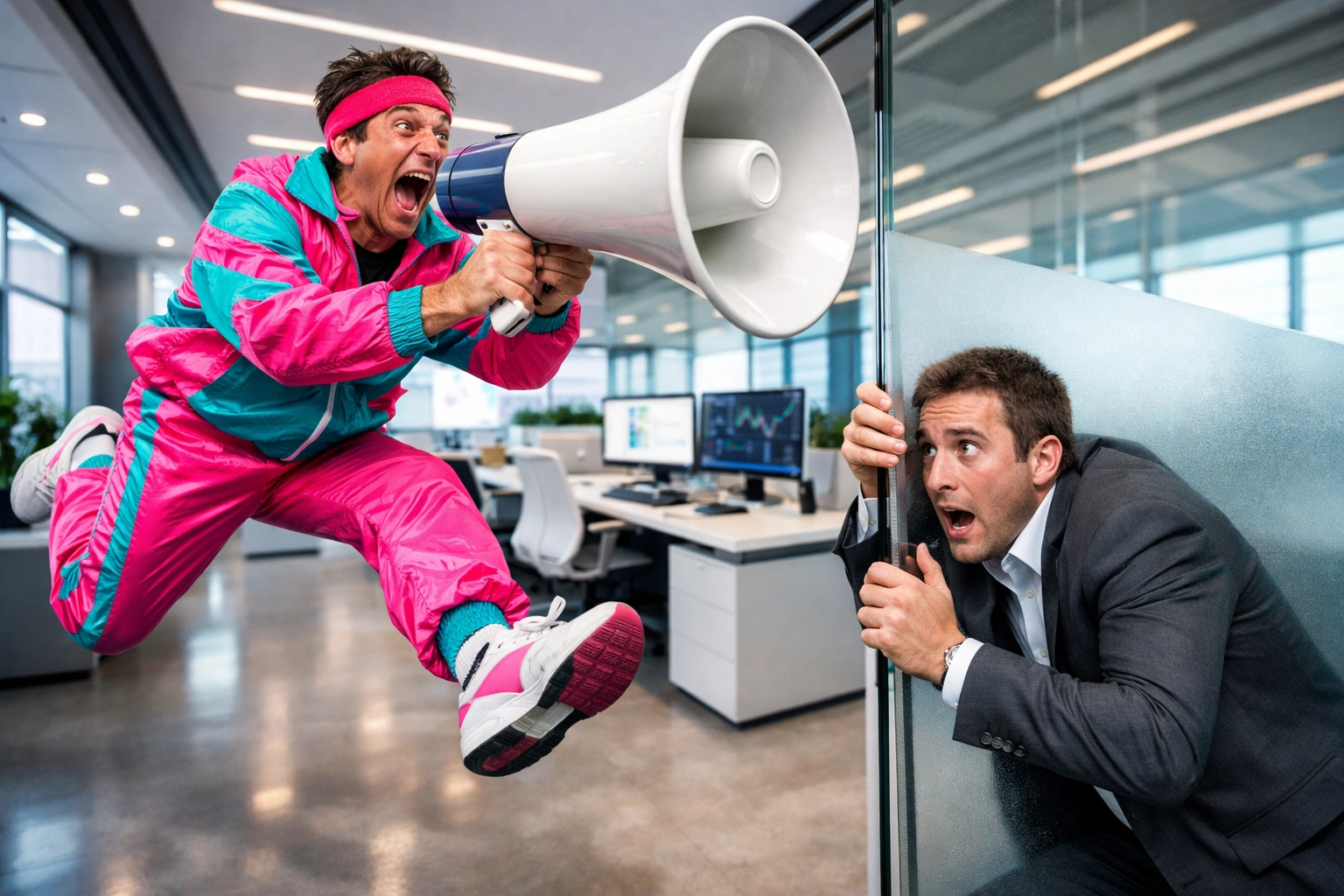 Aggressive franchise salesperson in a neon tracksuit chasing a prospect with a megaphone.