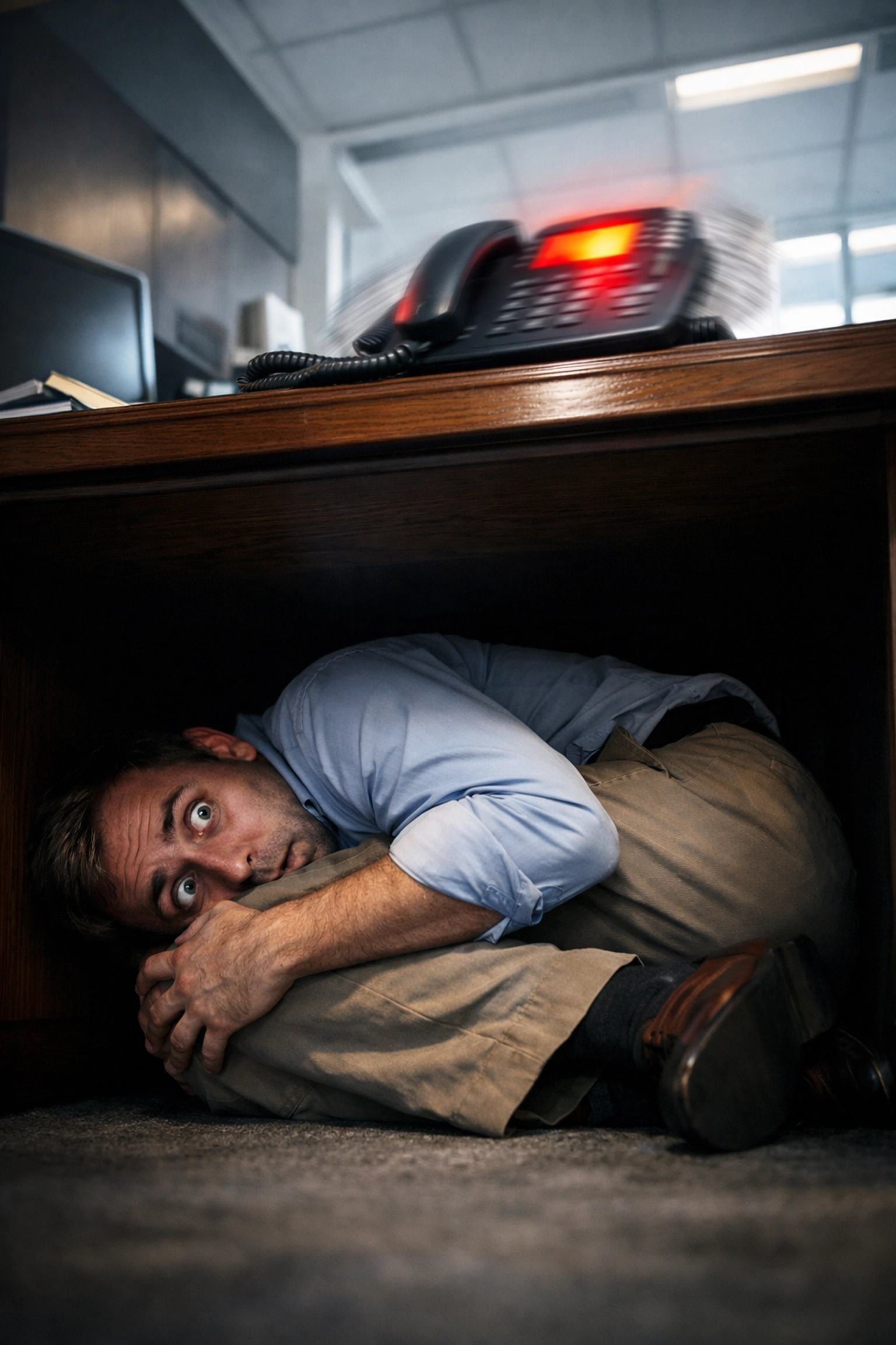 Prospective franchisee hiding under an office desk from a ringing phone during a poor sales process.