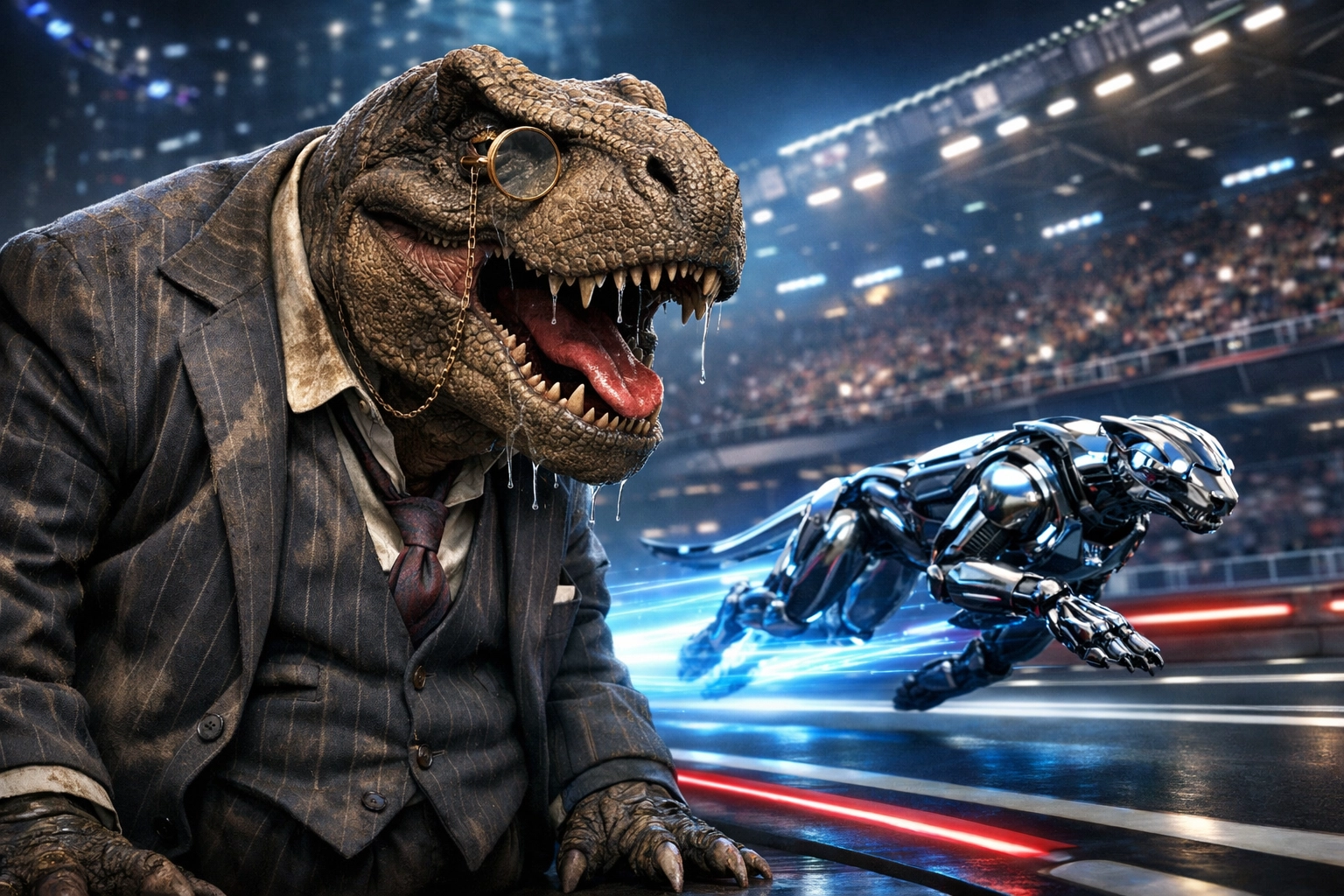 Modern robotic cheetah outrunning a dinosaur in a suit, symbolizing innovative franchise sales organization models.