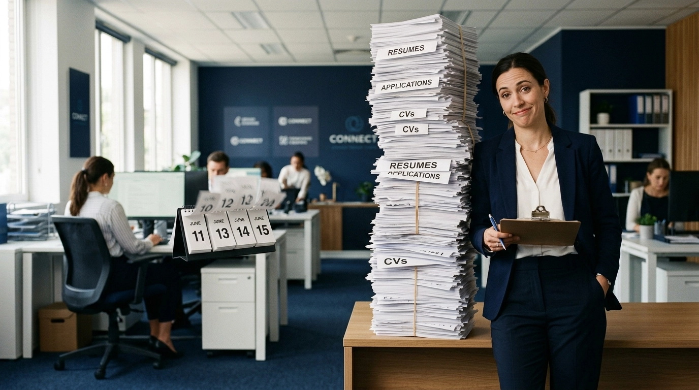 Franchise Sales Outsourcing visual showing a hiring manager buried in resumes while growth opportunities move faster than the hiring cycle