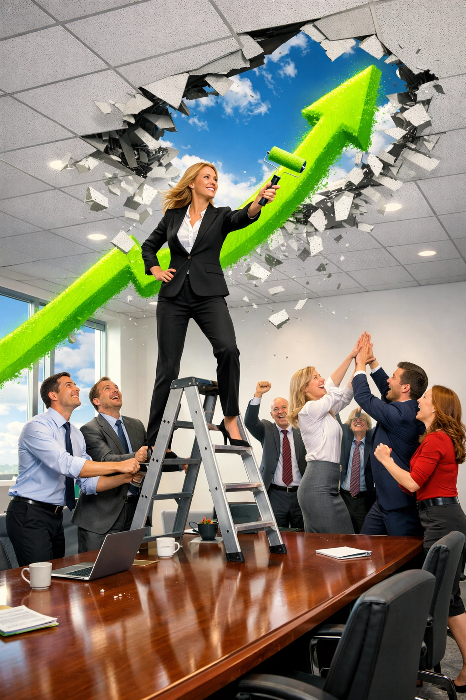 CEO painting a growth line through the ceiling using full-cycle franchise development services.