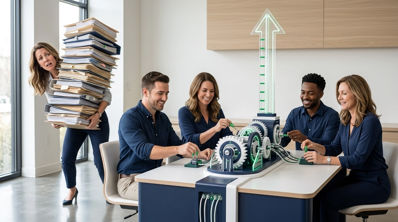 Professional team using a witty visual metaphor to show how franchise sales outsourcing supports growth on a flat budget.