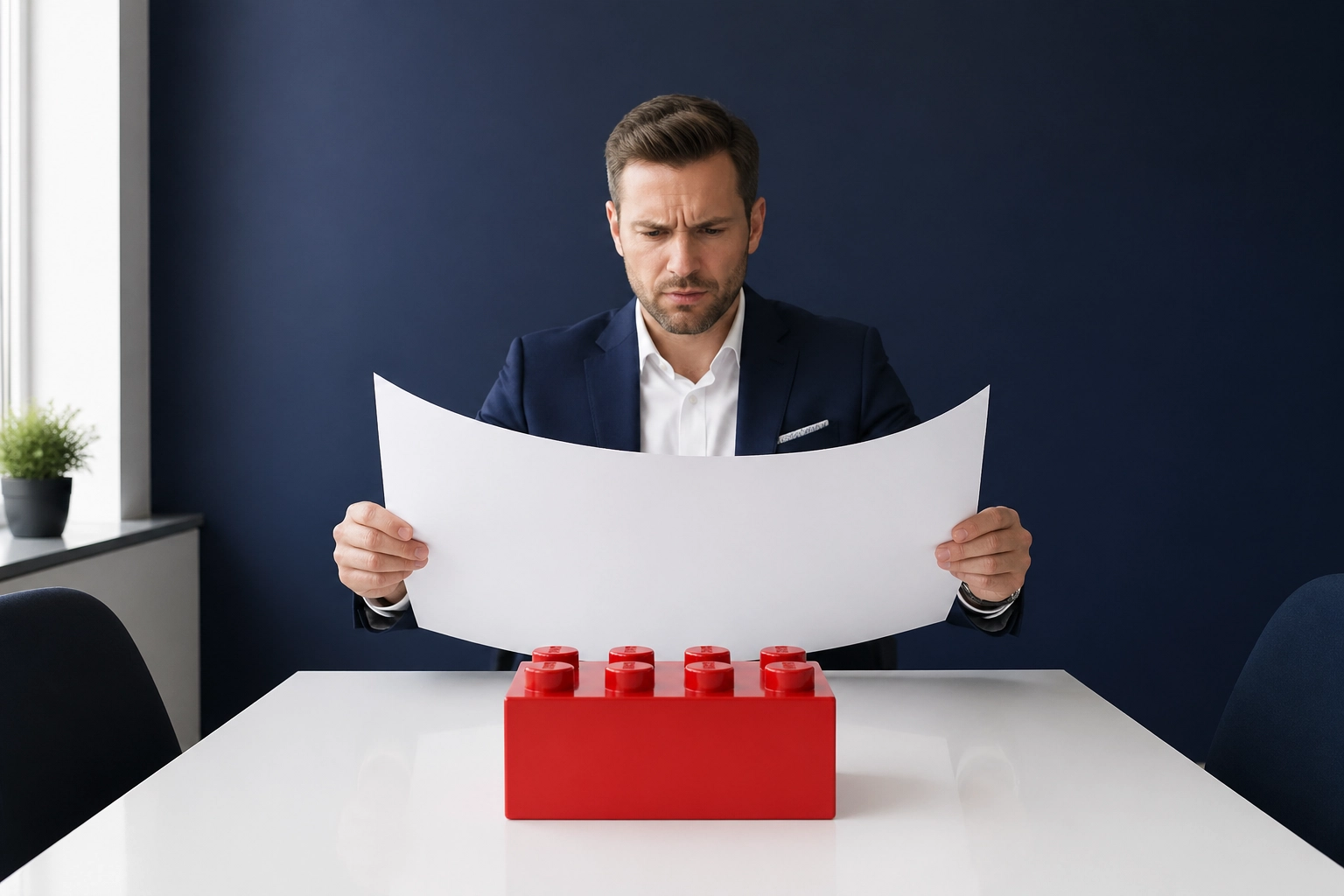 Business owner looking at a toy block, showing why you need professional franchise development services to scale.