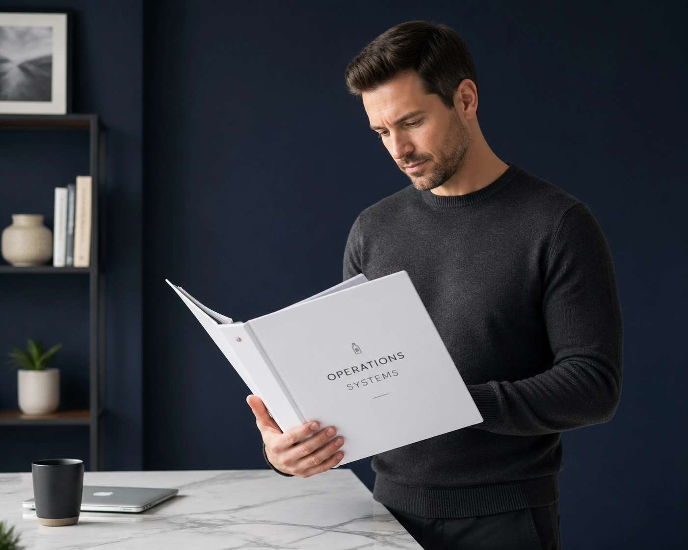 Business founder reviewing an operations manual to franchise a business and scale systems.