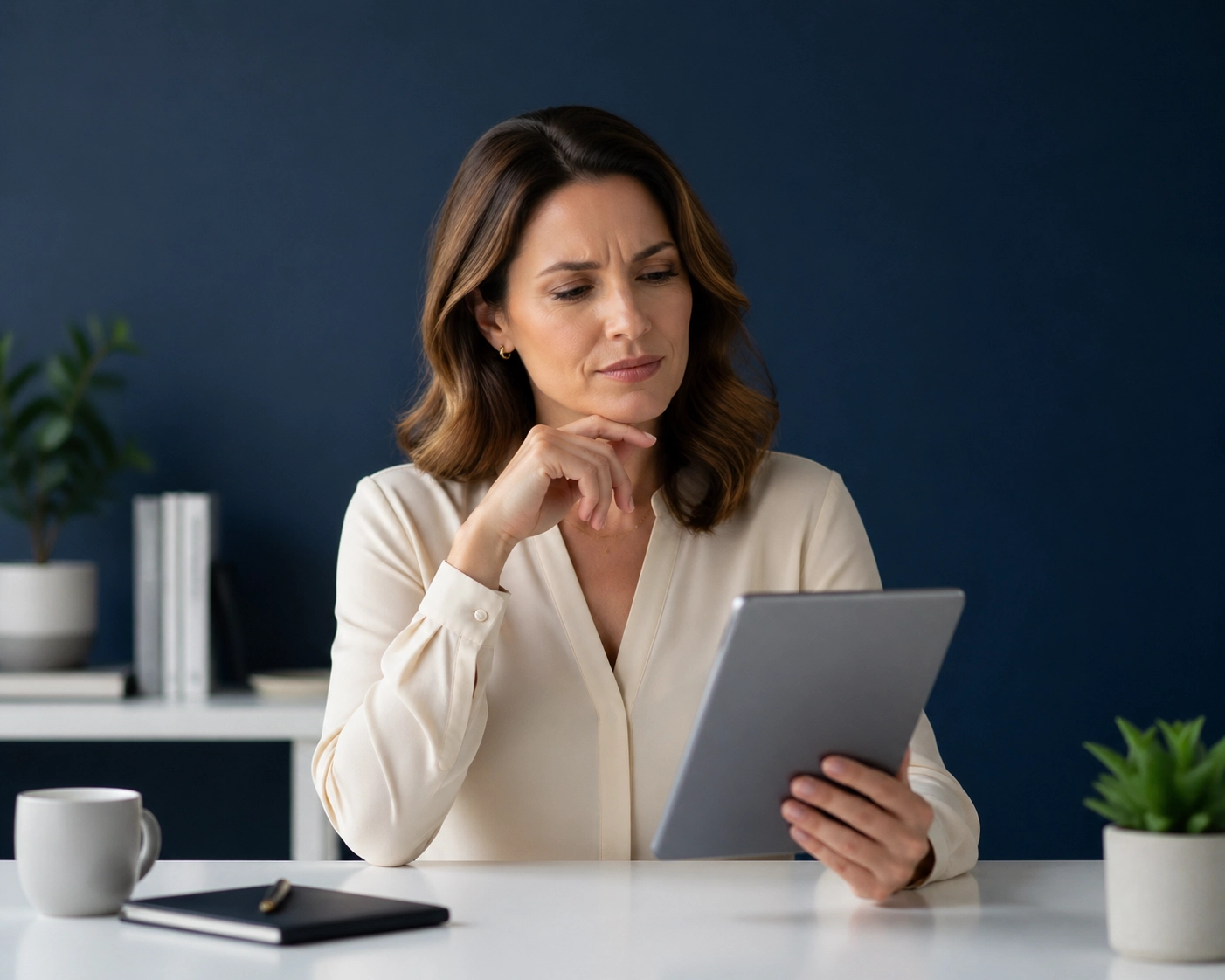 A professional reviewing high-quality franchise lead generation results on a digital tablet.