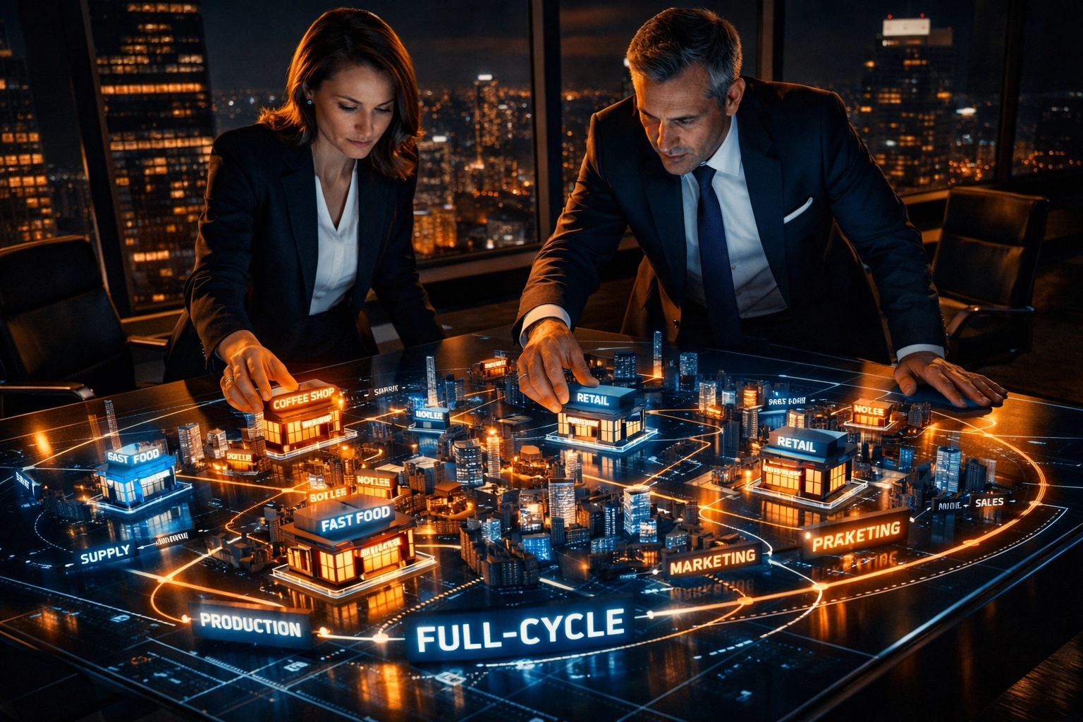 Executives planning growth using a holographic map for Full-Cycle Franchise Development services.
