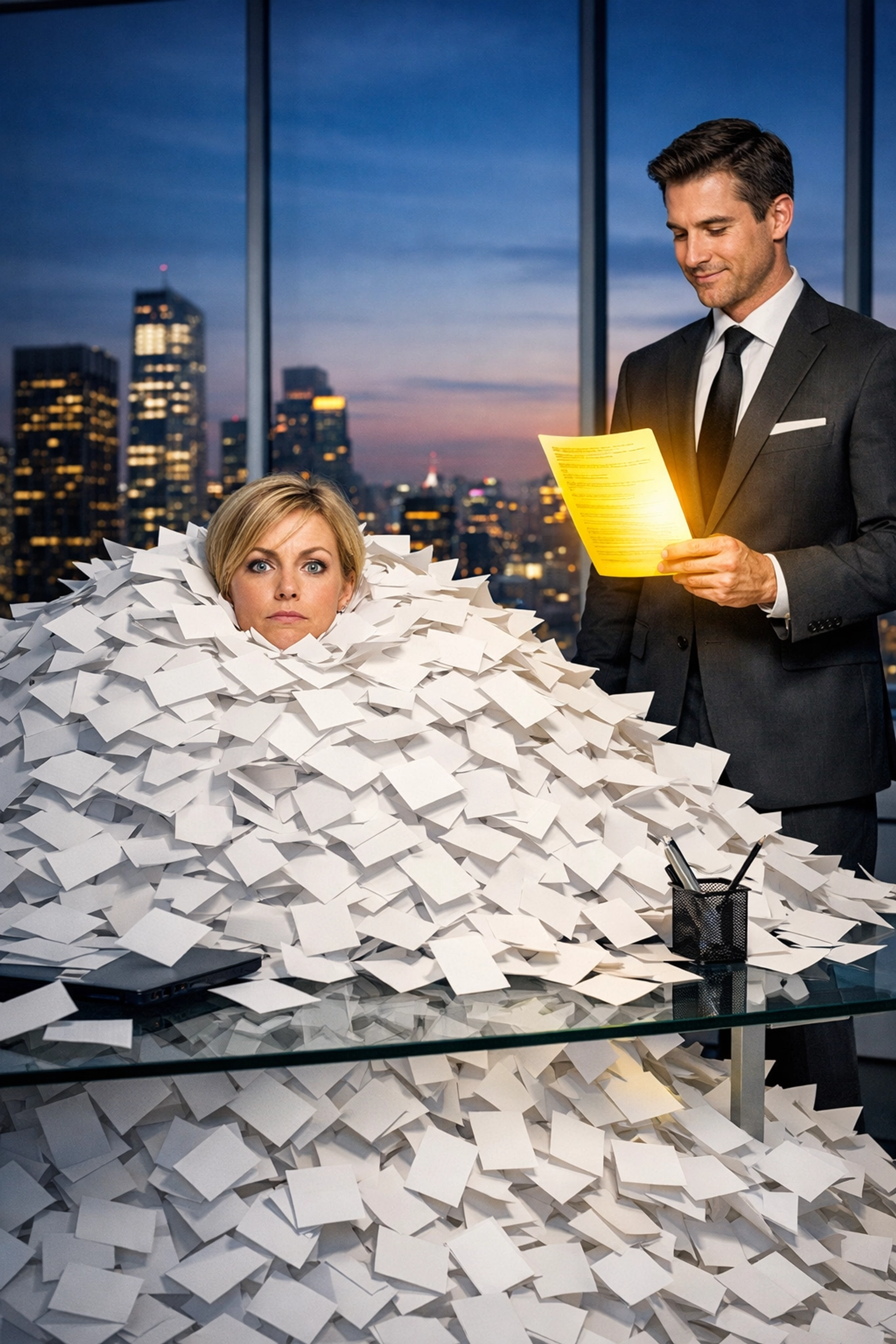 Female CEO buried in leads while an expert from a Franchise Development Agency finds the perfect candidate.