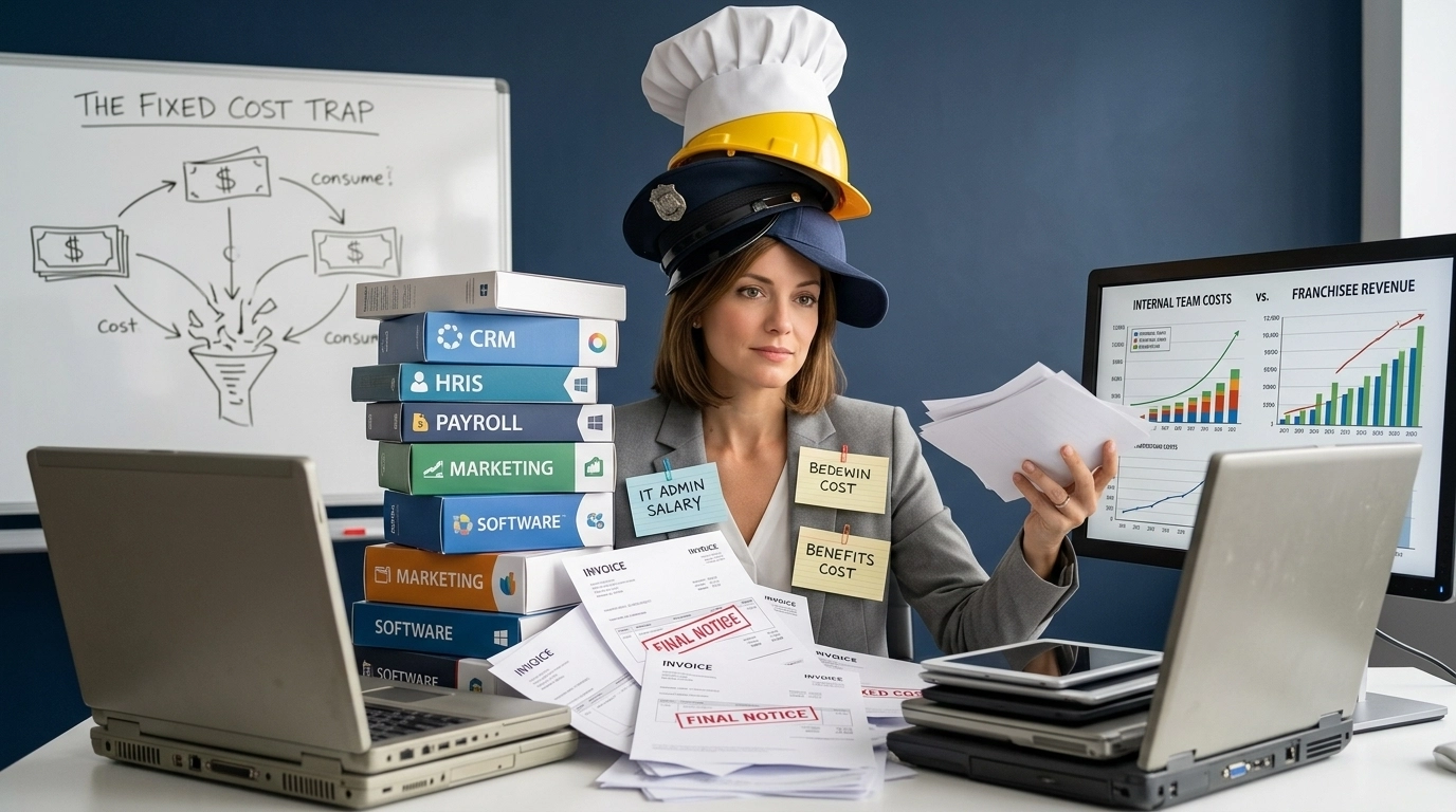Business leader humorously overwhelmed by too many tools and responsibilities, representing the fixed cost trap.
