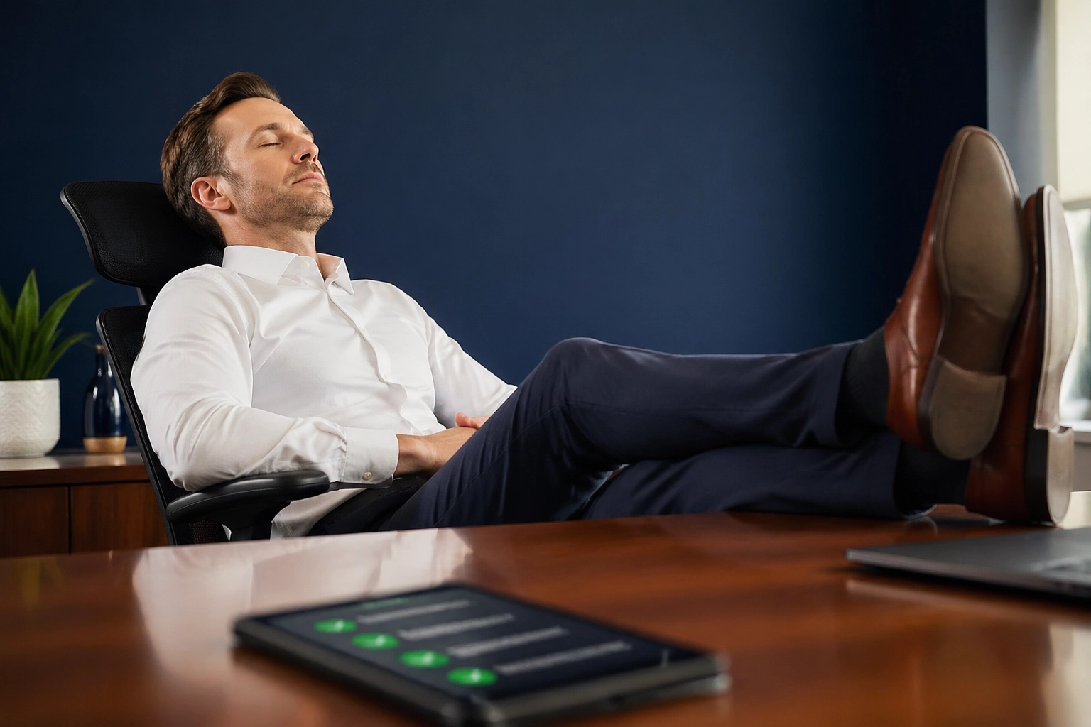 Relaxed business owner sleeping while a franchise sales organization generates qualified leads automatically.