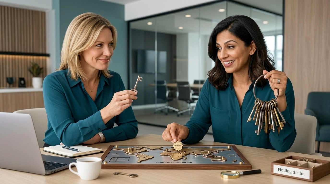 Business partners reviewing the right-fit outsourcing option with a clever visual metaphor in a polished office setting.