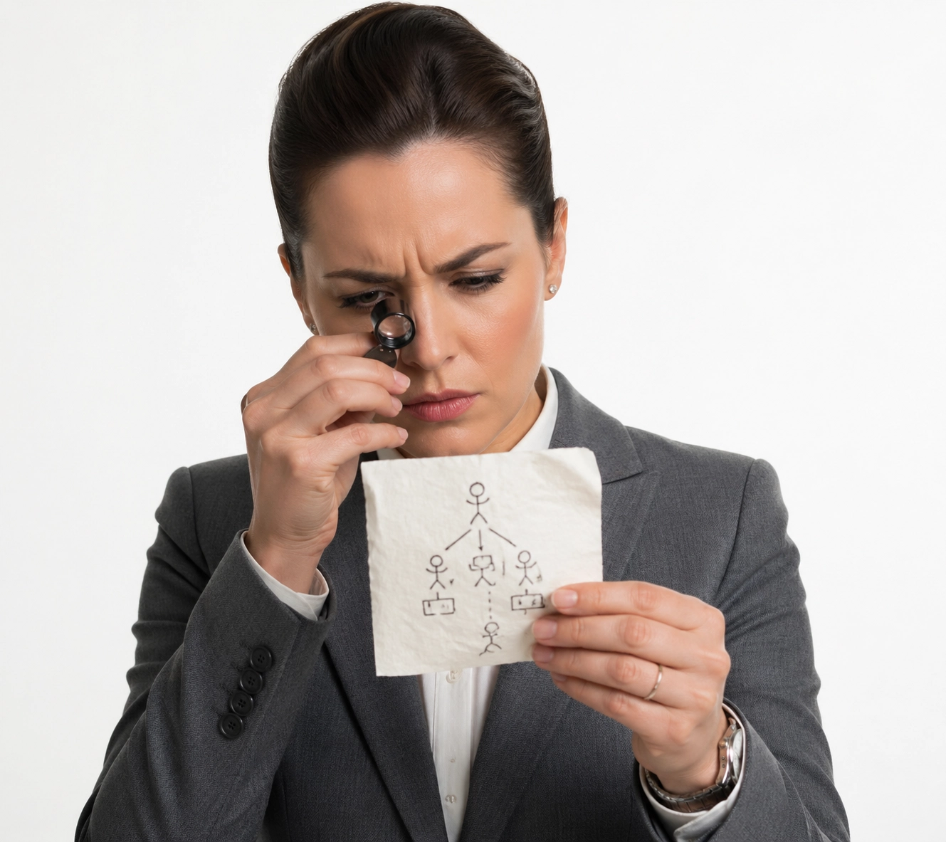 Business owner inspecting a napkin sketch, highlighting risks when learning how to franchise a business without systems.