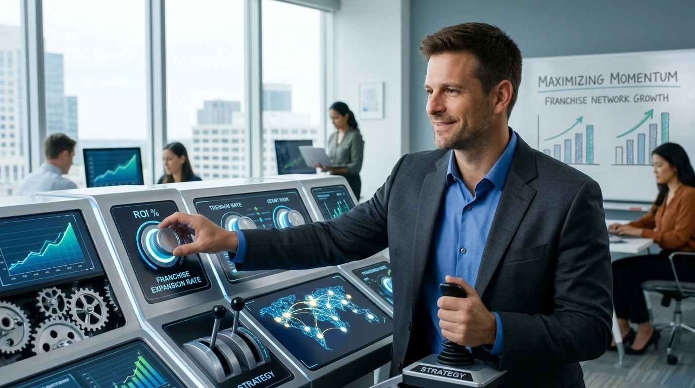 Confident franchise leader steering a streamlined growth machine to symbolize stronger ROI and smarter scaling.