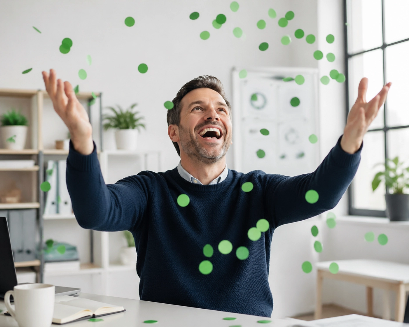 Successful business owner celebrating after using franchise development services to grow their national brand.