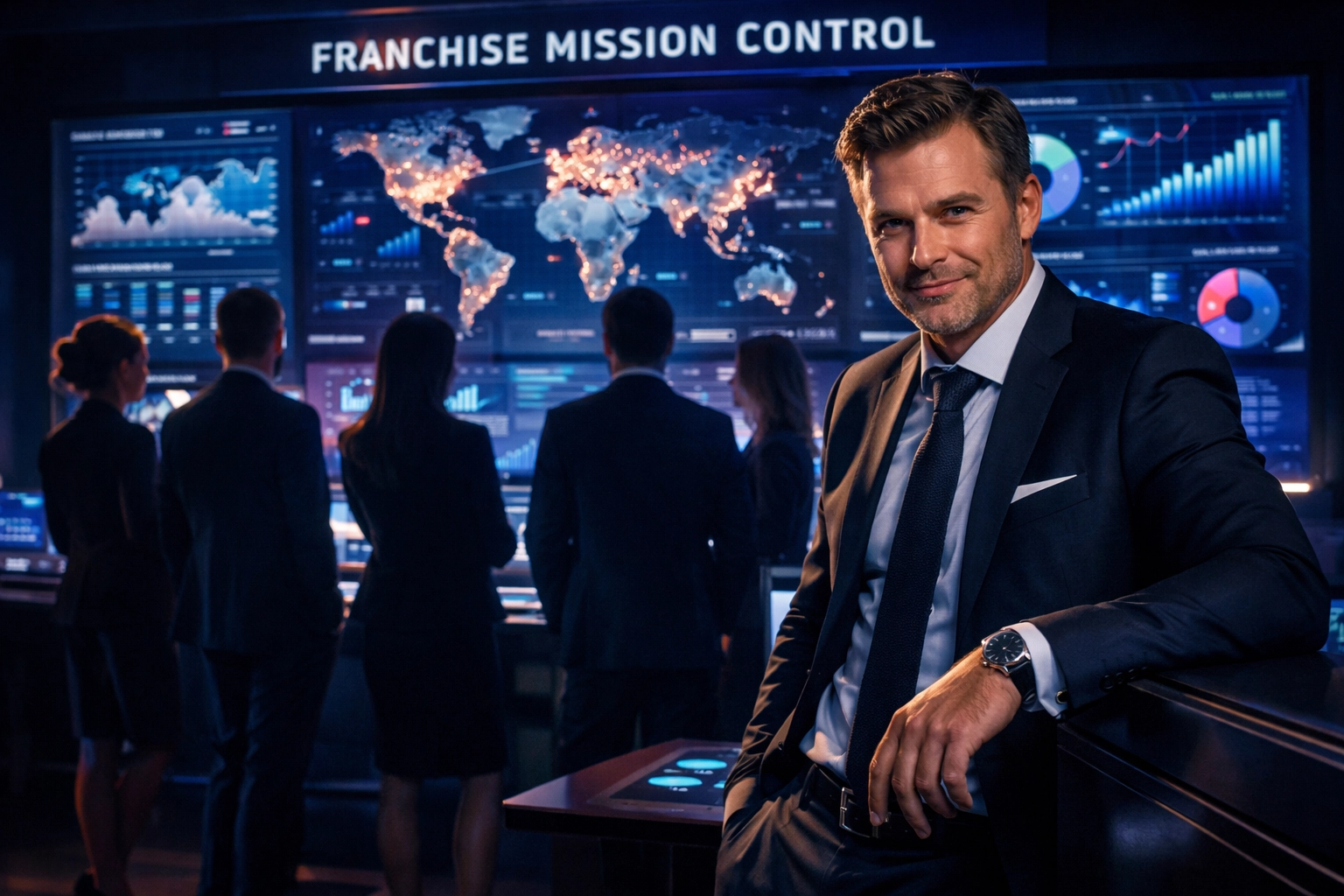 Business leaders monitoring expansion in a command center using Full-Cycle Franchise Development strategy.
