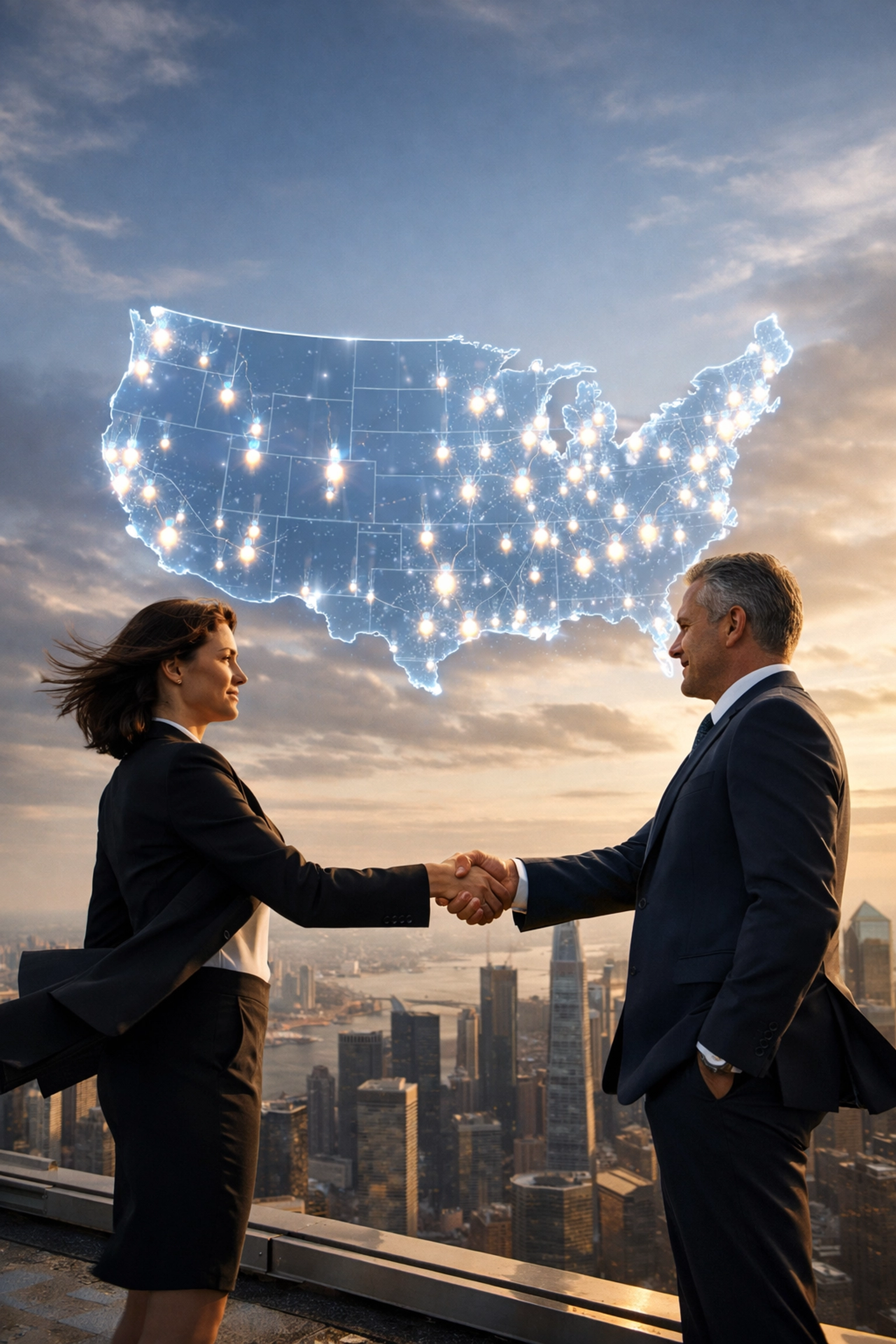 CEO and partner shaking hands over a growth map showing successful Full-Cycle Franchise Development and brand scaling.