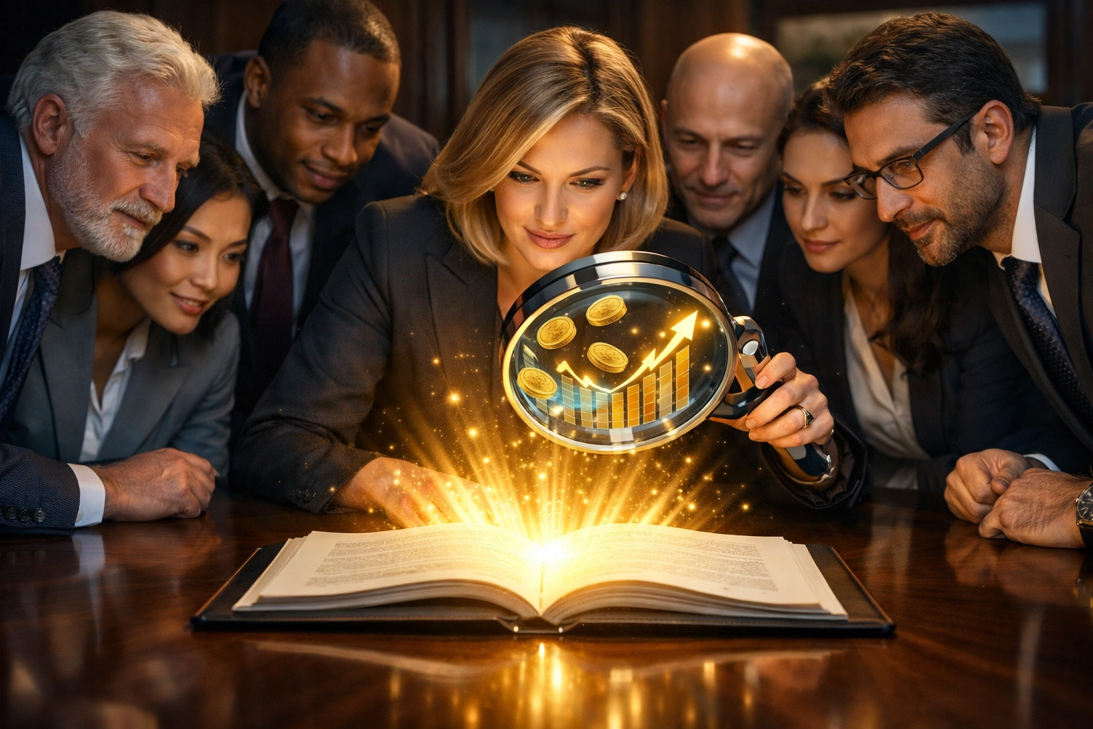 Executives review a glowing financial disclosure document as part of expert Franchise Development Services.