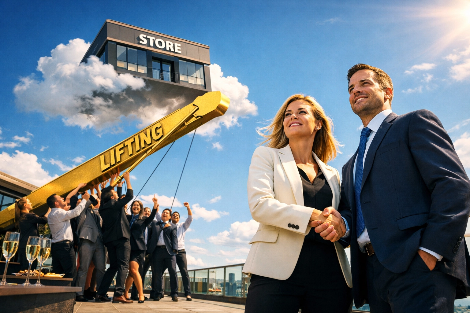 A collaborative team lifting a brand toward growth using comprehensive Franchise Development Services.