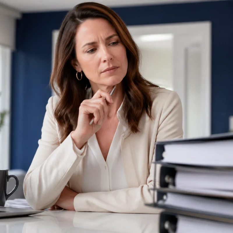 Professional woman at a desk, resting her chin on a pen, looking thoughtful while working at a laptop and stacked binders nearby