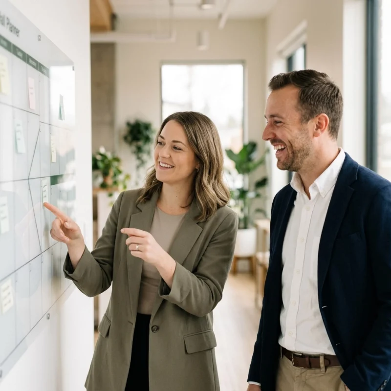 Two colleagues in business attire point at a whiteboard with sticky notes in a bright office setting, discussing a plan.