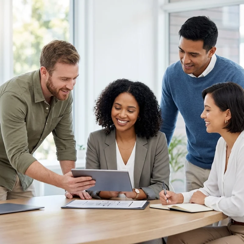 Four colleagues gather around a table, looking at a tablet and discussing documents in a bright office.