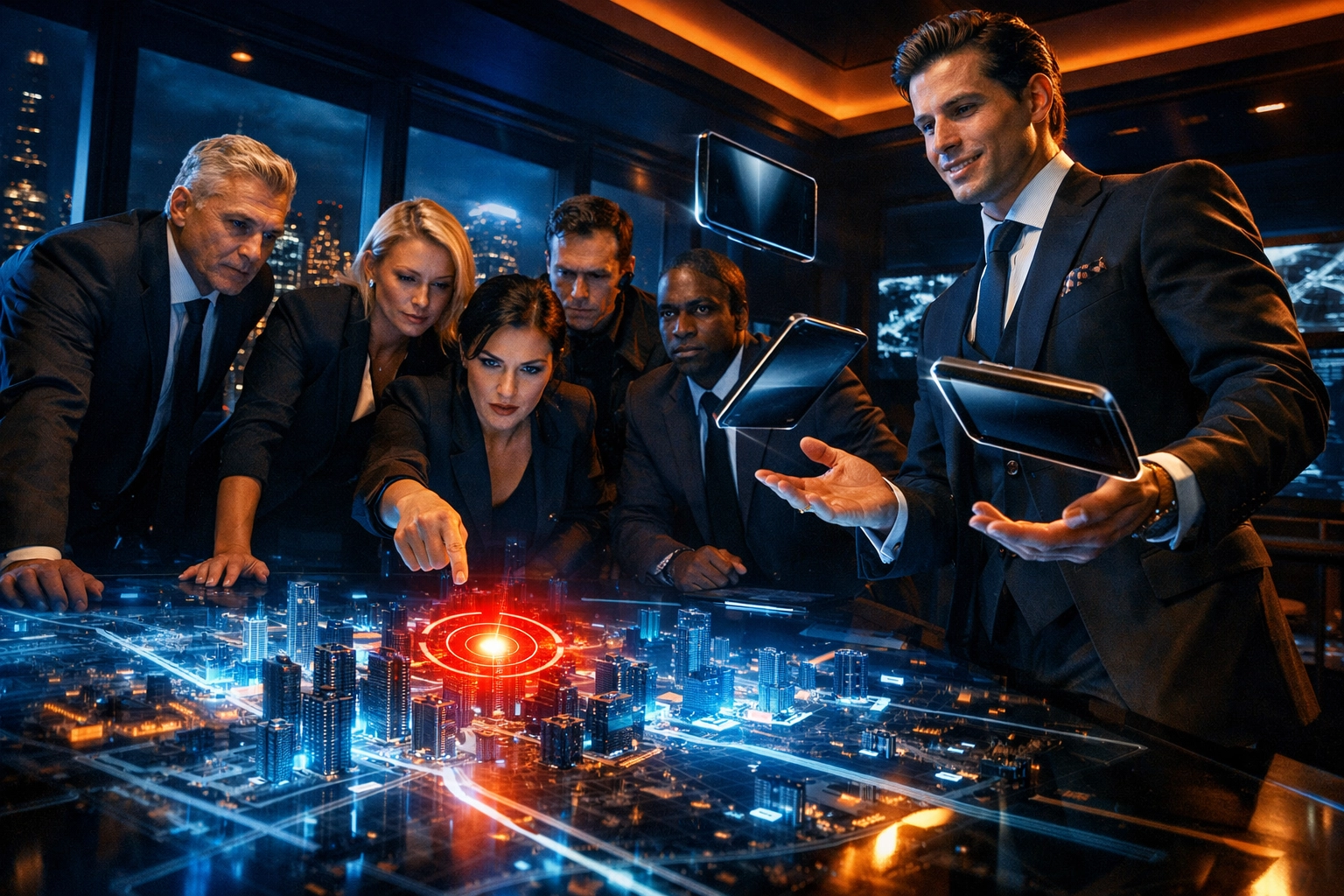 Professional franchise sales organization team planning brand growth with modern technology.