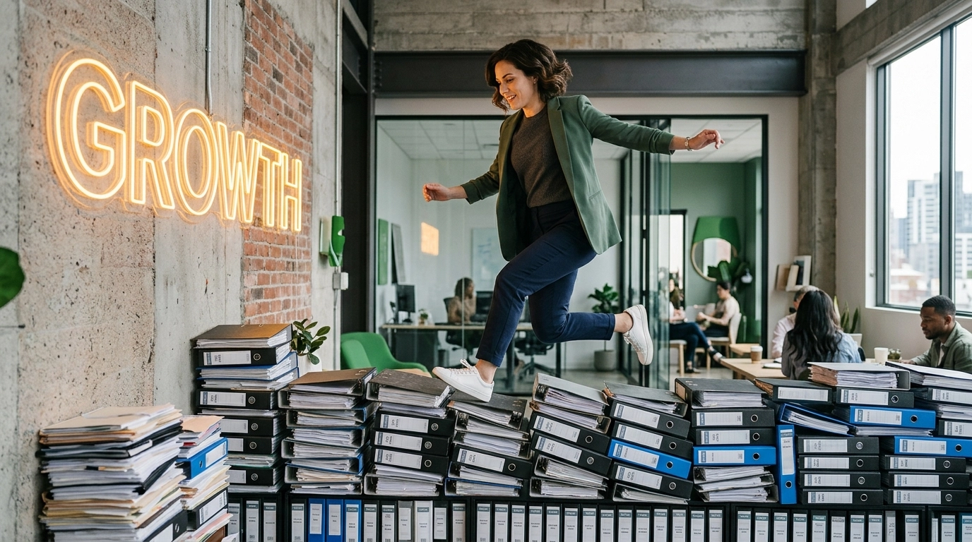 An emerging brand founder jumping over a massive wall of corporate binders toward a bright neon sign that says GROWTH
