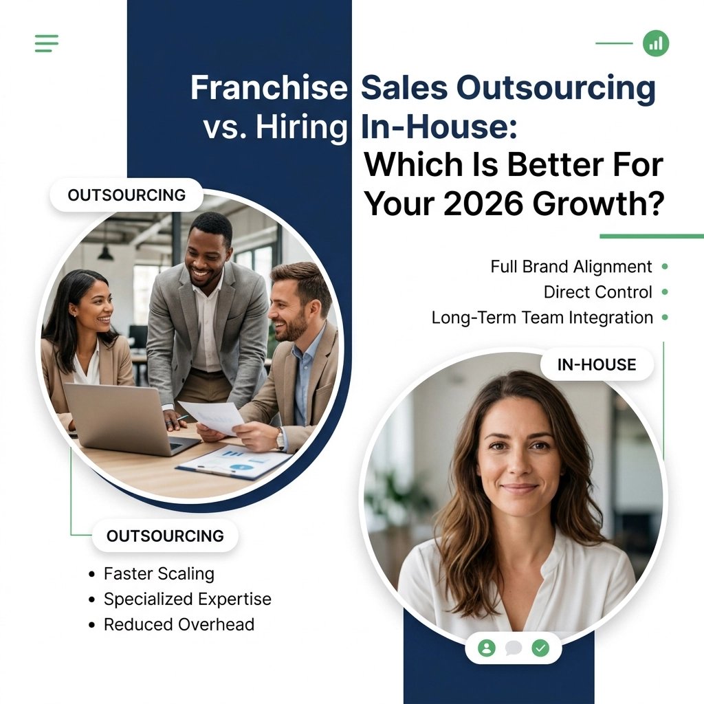 Diverse business colleagues shaking hands after closing a deal with a franchise development agency. A witty chart showing 'Money spent on office snacks for in-house' vs 'Money spent on actual leads with an FSO.'