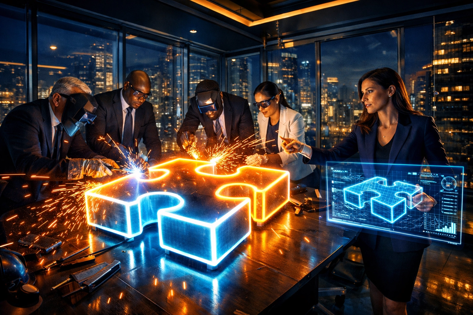 Executives collaborate on Full-Cycle Franchise Development strategy using a giant puzzle piece.