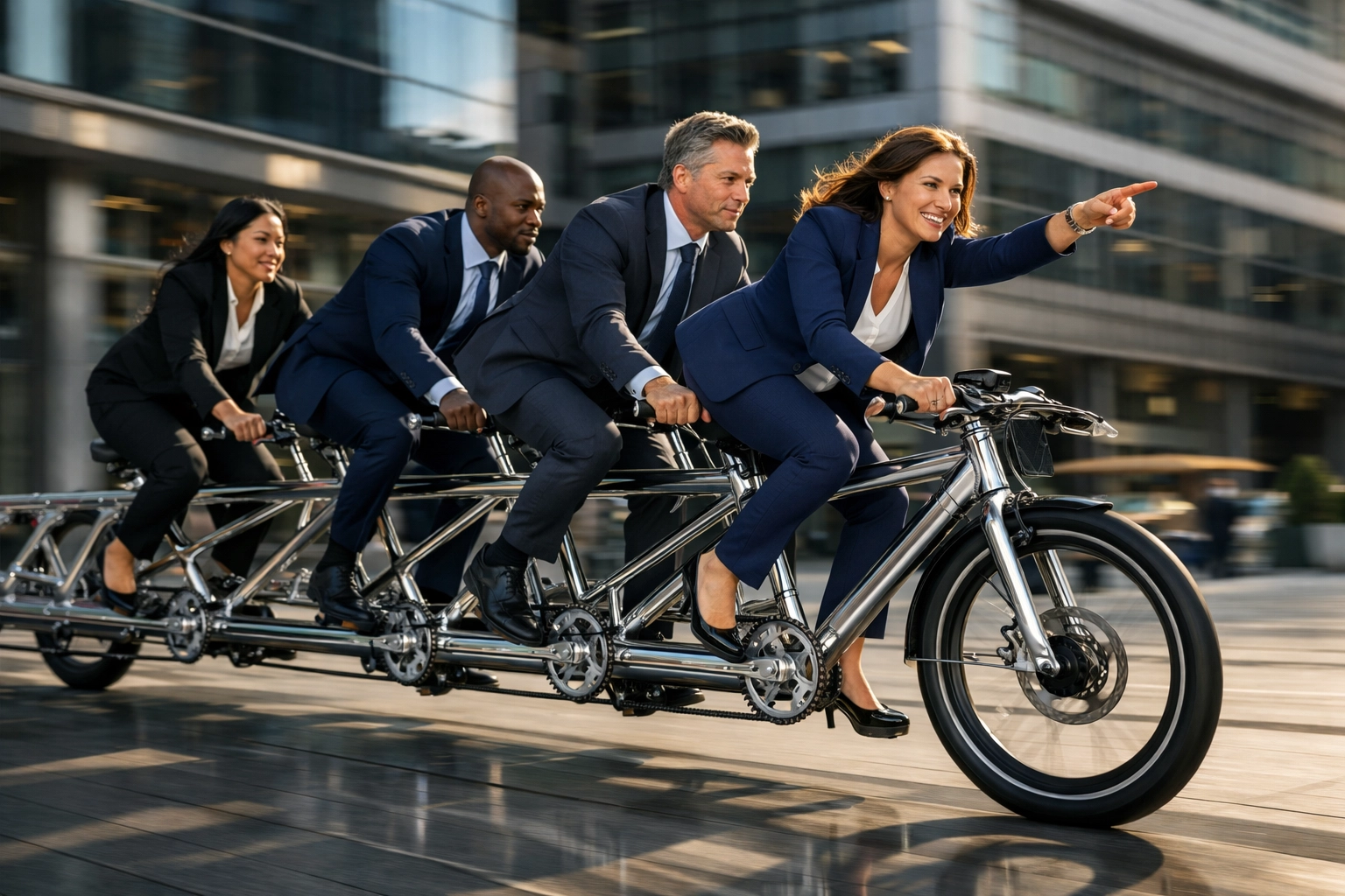Executives on a tandem bicycle illustrating a synchronized Full-Cycle Franchise Development strategy.
