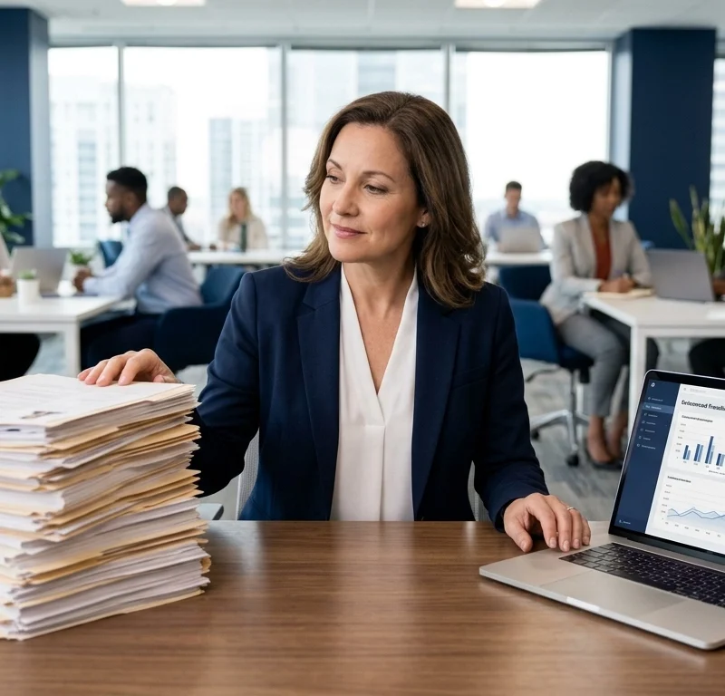 Businesswoman in a navy blazer sits at a desk with a tall stack of documents and a laptop showing charts on the screen.