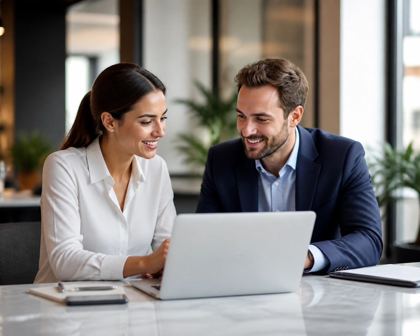 Collaborative business partners discussing flexible franchise sales organization strategies in a modern office.