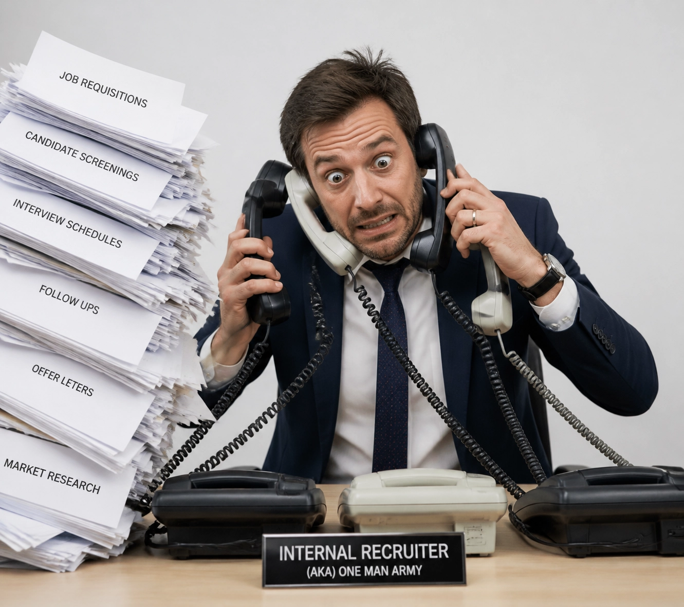 Overwhelmed recruiter juggling multiple phones highlighting the value of a professional franchise development agency.