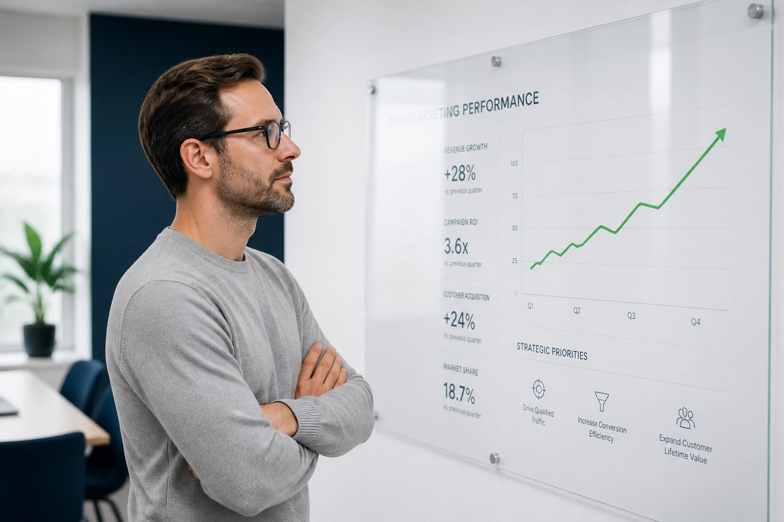 Focused marketing executive reviewing data trends for successful franchise lead generation and growth.