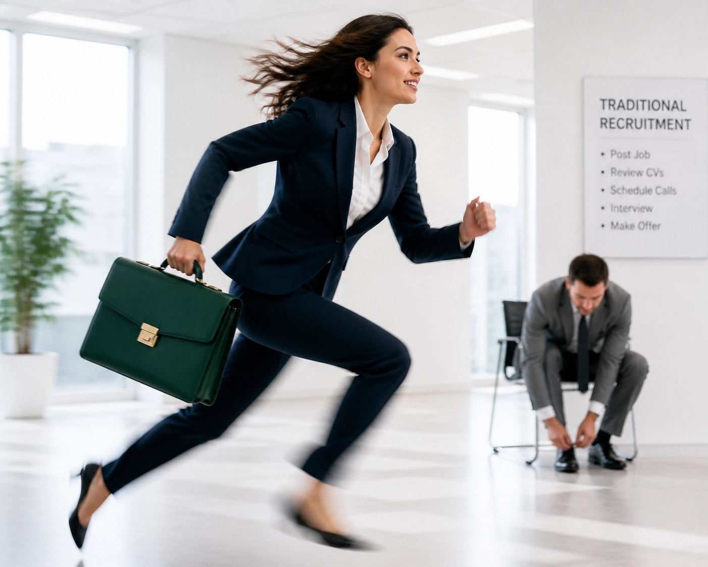 Businesswoman sprinting past a slow recruiter to illustrate the speed to market with franchise sales outsourcing.