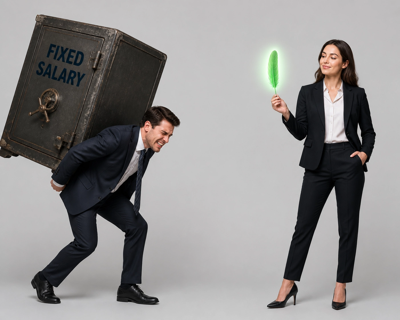 Visual metaphor comparing heavy fixed salary costs to the lightweight flexibility of franchise lead generation models.